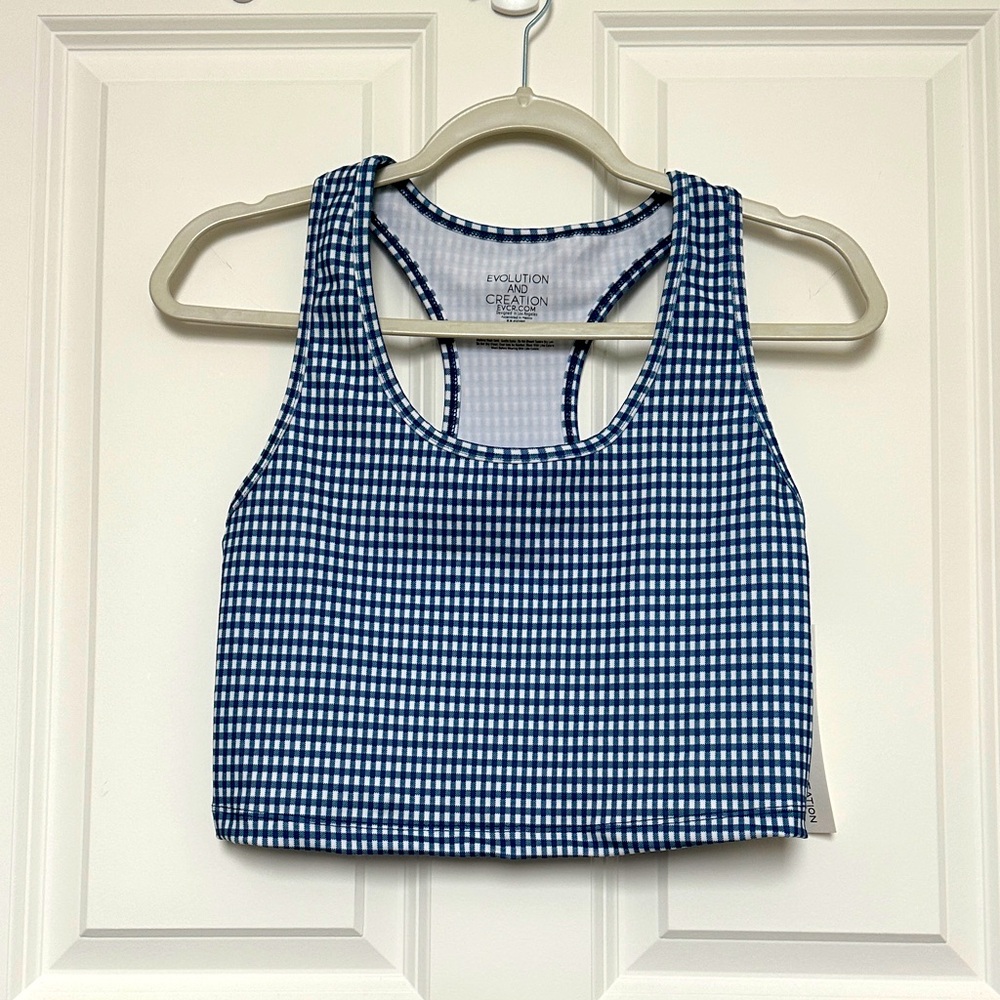 Evolution and Creation Cropped Athletic Tank in Blue Gingham Print, Size M